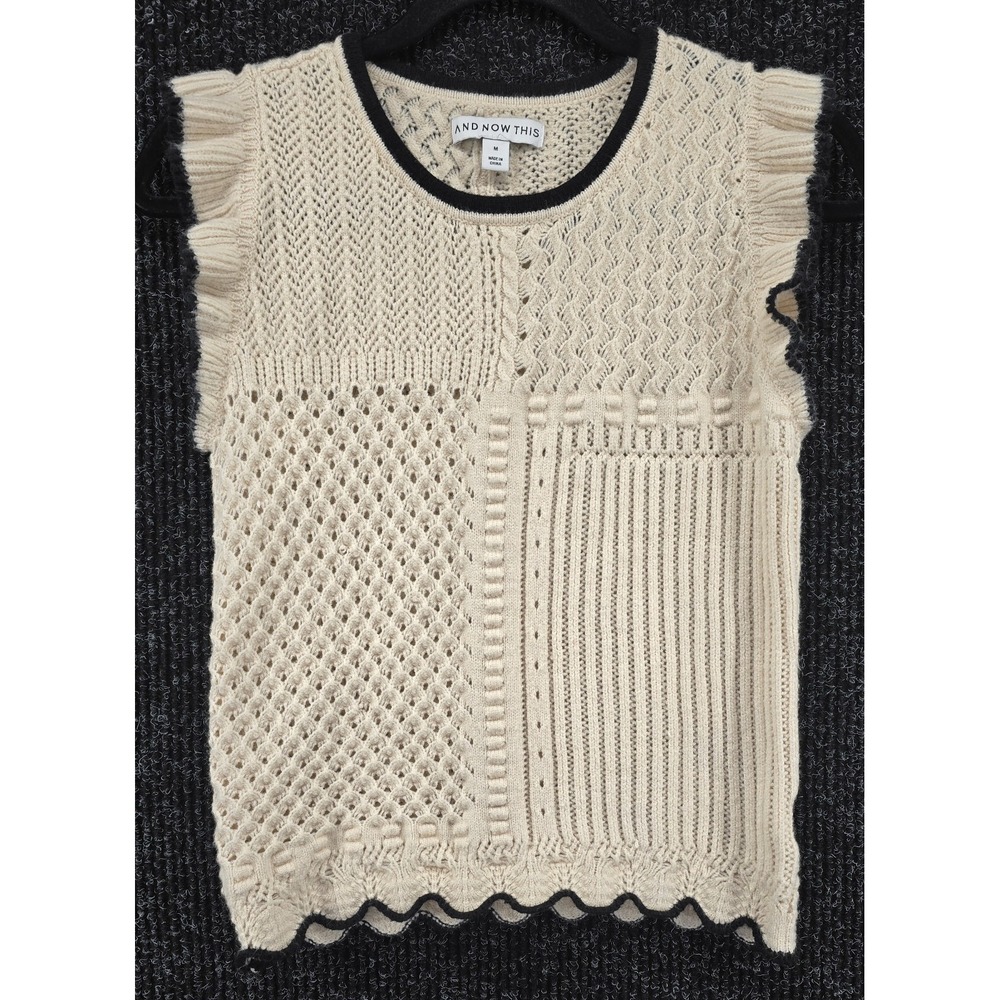 And Now This Women's M Pointelle Knit Sweater Cream Black Ruffle Sleeve Romantic